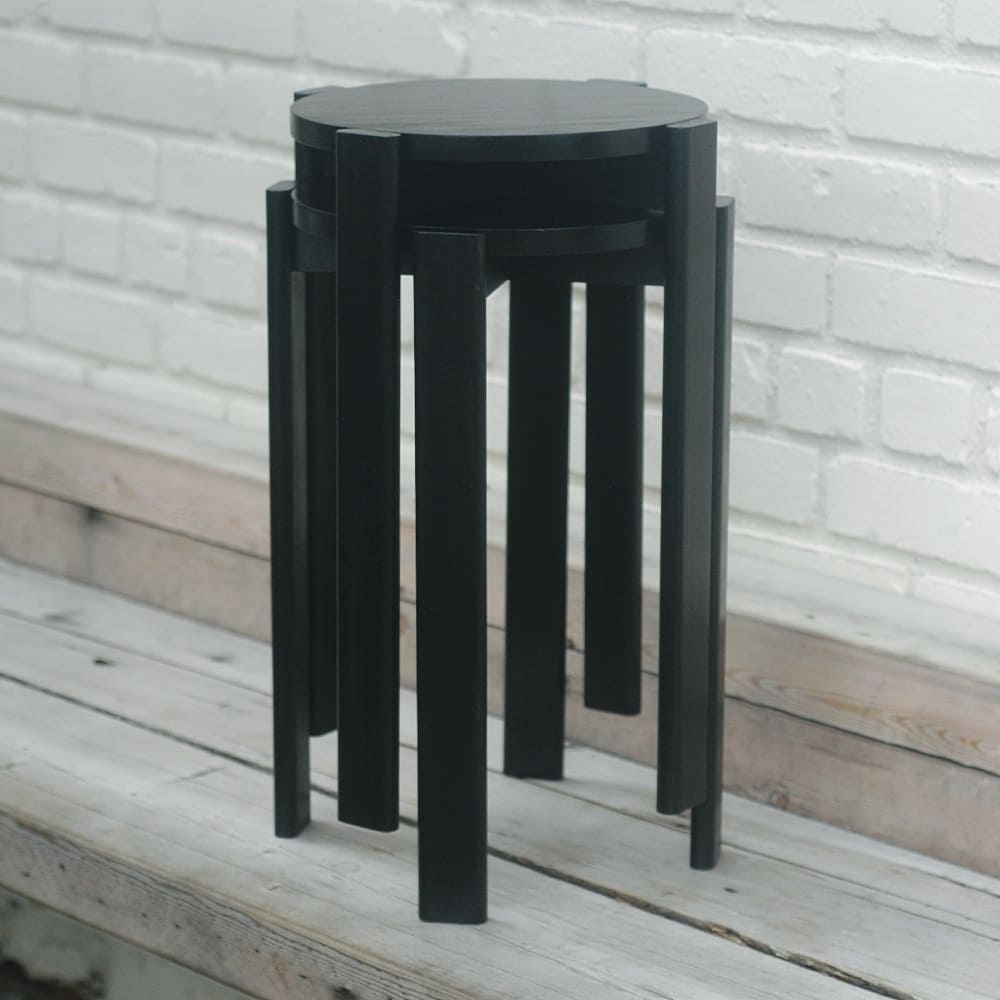 September 8th, 2021: The stacking stools finished with a black stain! A recent commission inspired by Dowel Jones.
